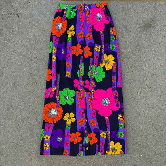 Vintage 60s Flower Power Mod Day Glo Barkcloth Ditzy Daisy Long Skirt SMALL? - Picture 2 of 7